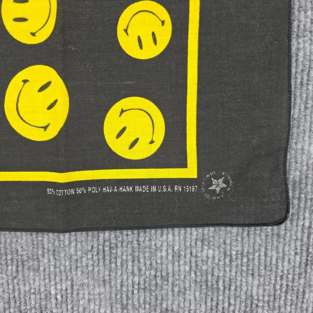 Vintage Hav-A-Hank Smiley Face Bandana Black Yellow Made in USA RN 15187